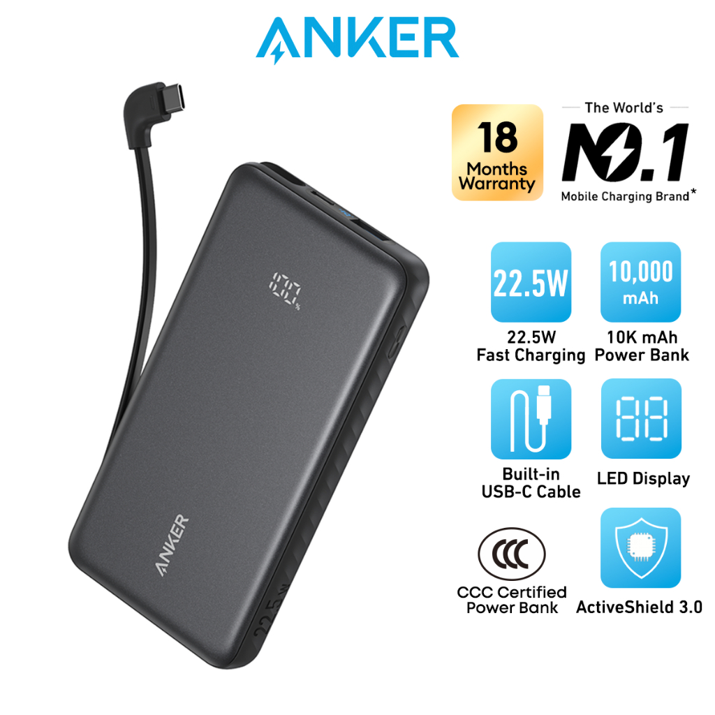 Anker Zolo Power Bank (10000mAh, 22.5W, Built-in USB-C Cable)