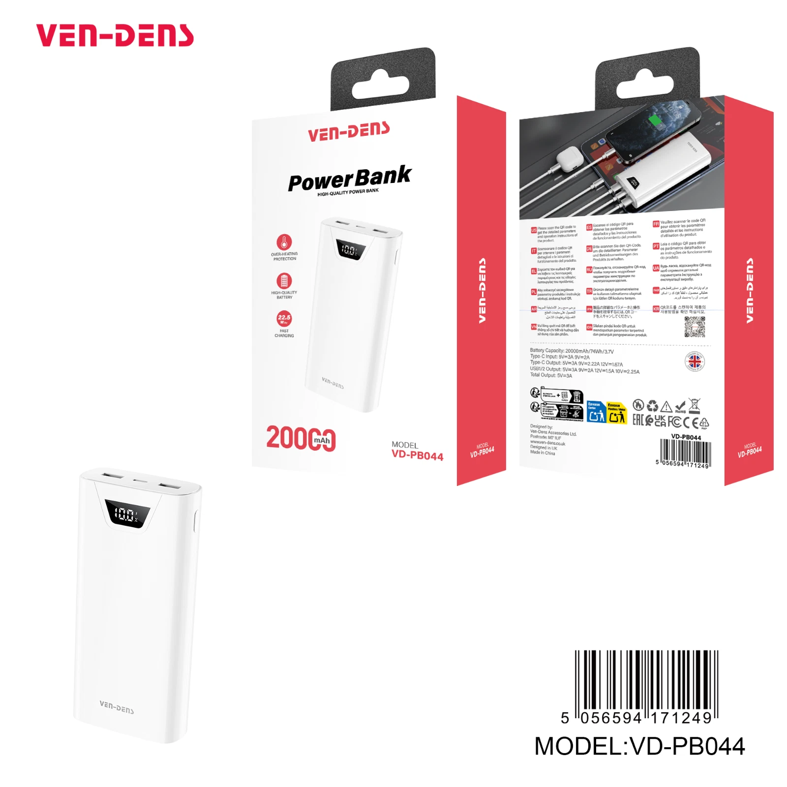 VEN DENS VD-PB044 POWER BANK 20,000 mAh PORTABLE LIGHTWEIGHT 22.5W FAST CHARGING