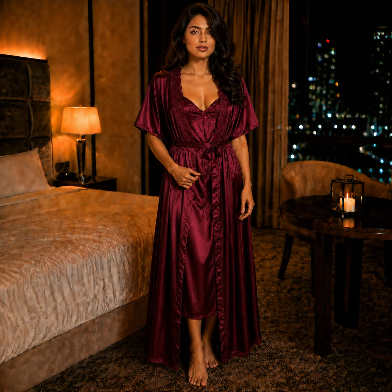 Premium 2 Part Cross-belt Nightwear - Maroon Color