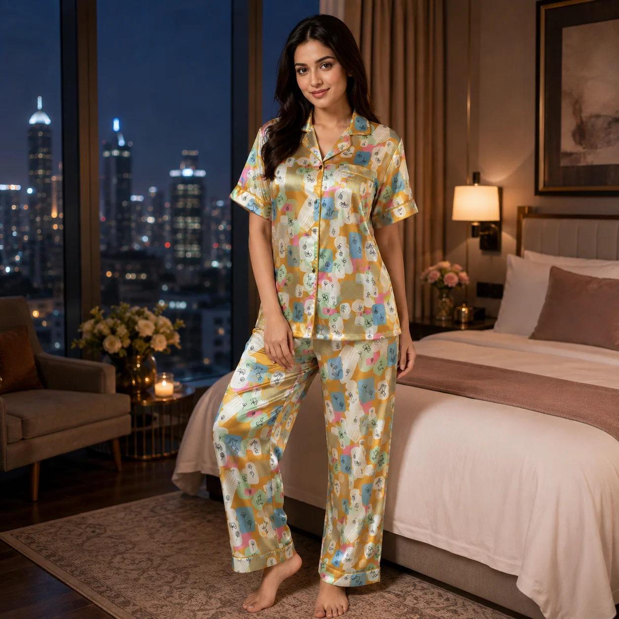 2 Part Floral Printed Half Sleeve PJ Set - Golden