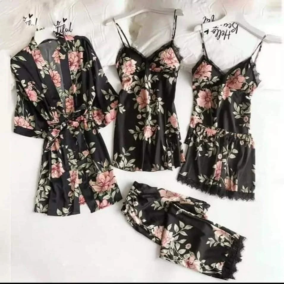 Luxury 5 Part Printed Nightwear - Black